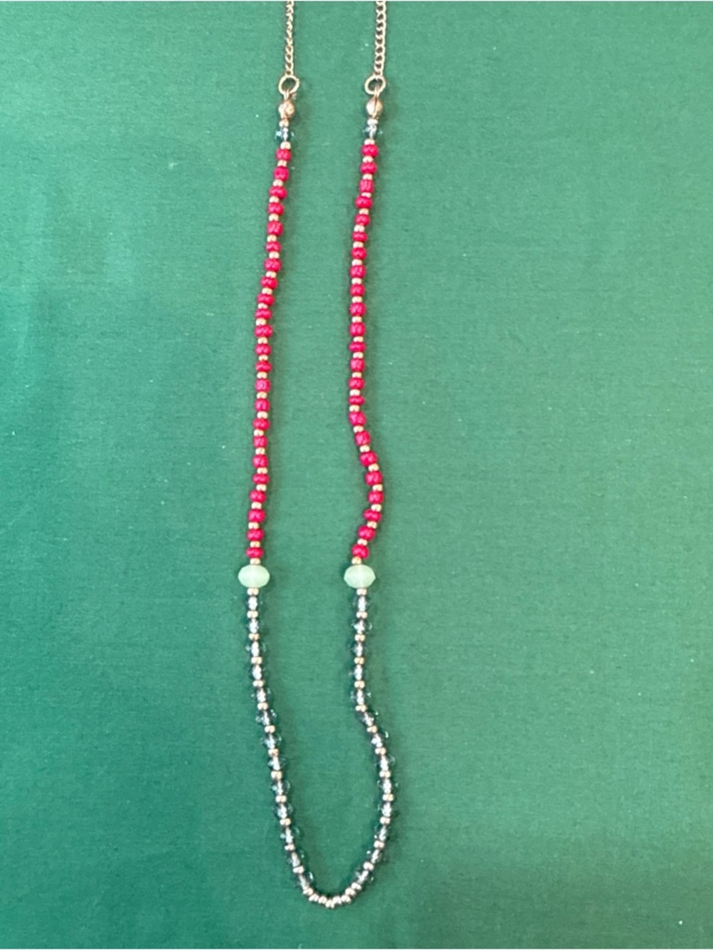 Red and Green  Beaded Necklace with Gold Bead Spacers  New 
My